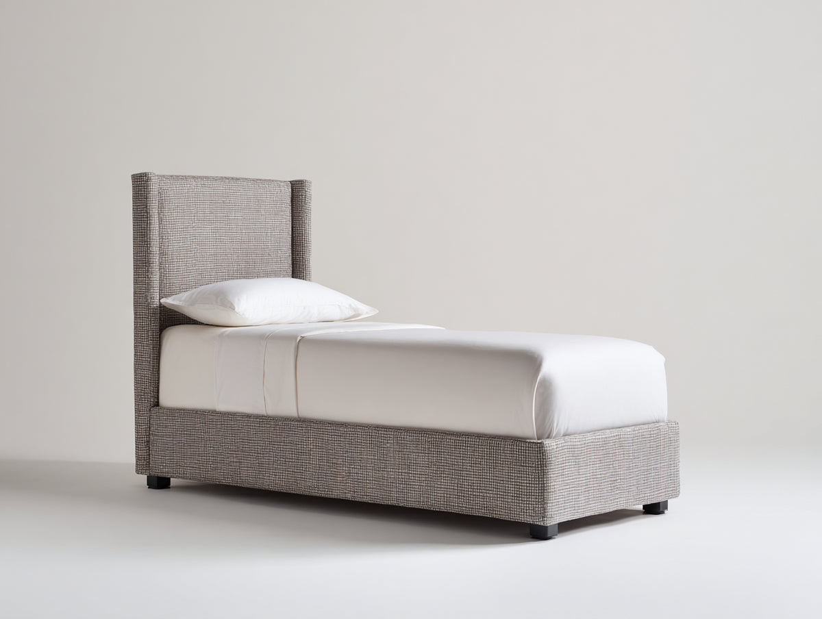 Einzelbett Polsterbett 200 x 100 x 90 cm Stoffbezug in Beige Grau mit hohem Kopfteil Modernes Design