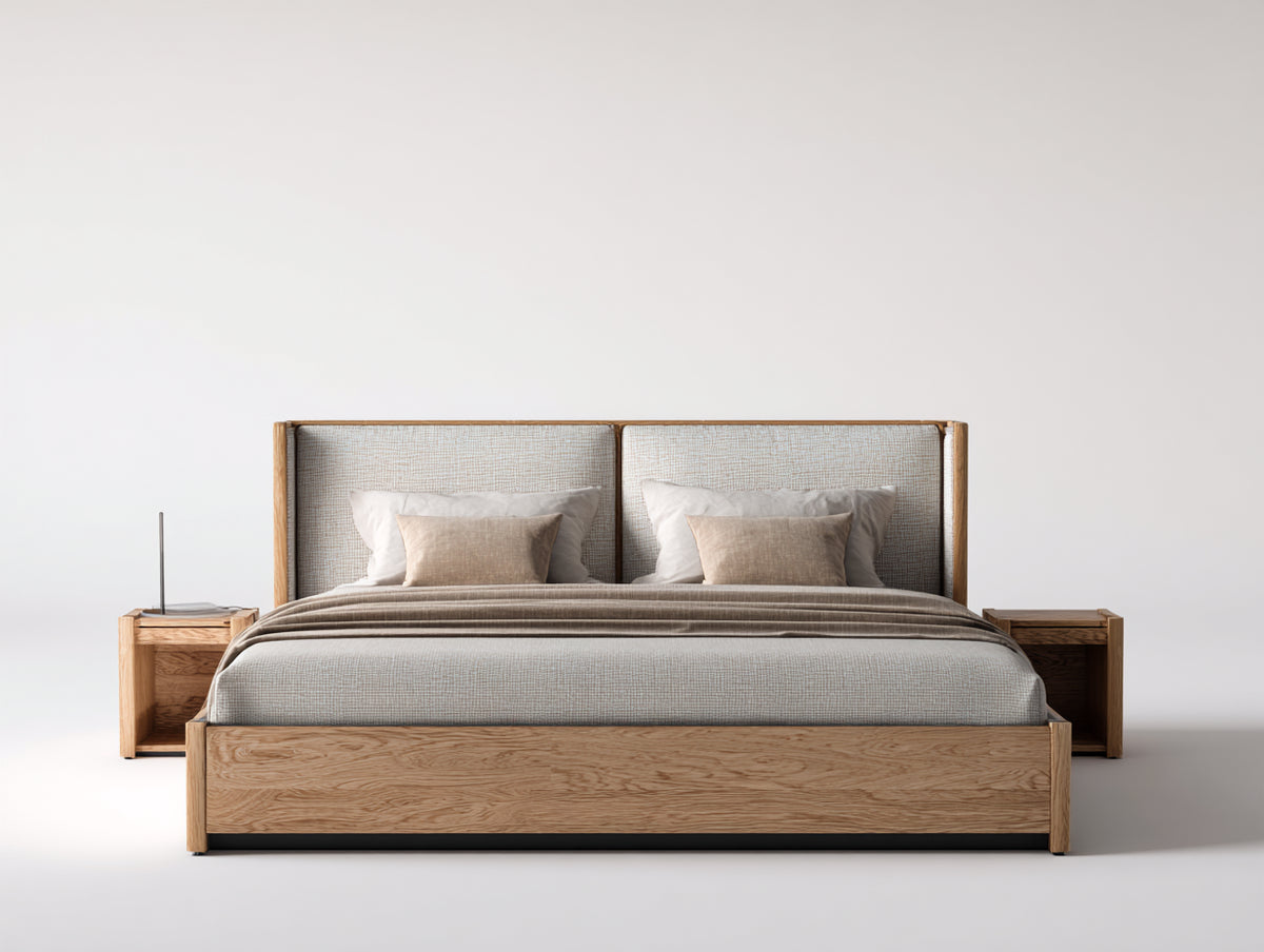 Doppelbett aus Holz 220x188x110 cm - Naturholz und Beige - Gepolstertes Kopfteil im modernen Design