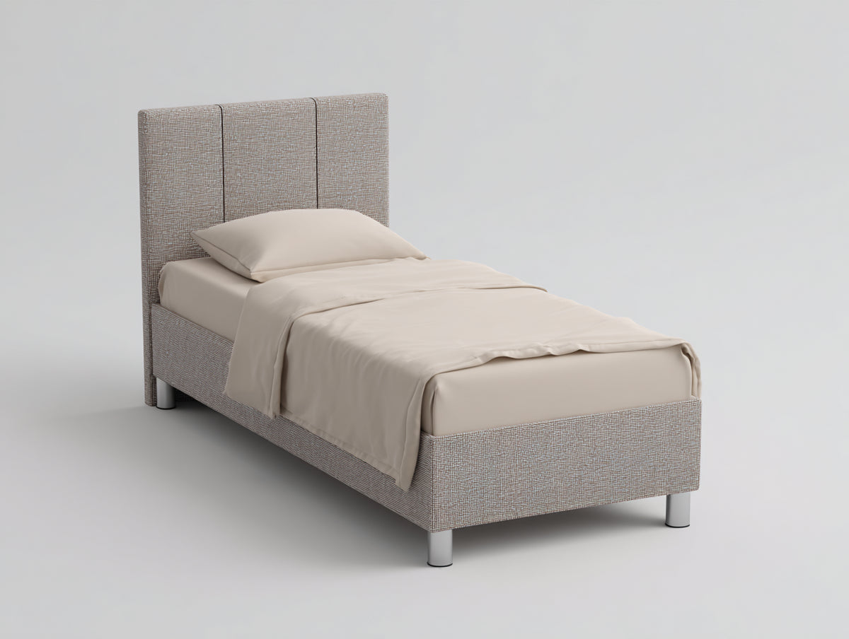 Einzelbett Polsterbett 200 x 100 x 90 cm Stoffbezug in Beige Grau mit gepolstertem Kopfteil Modernes Design