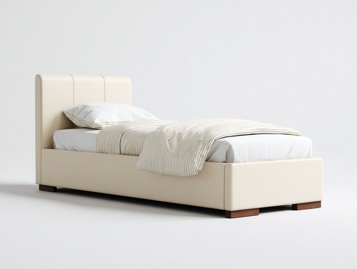 Einzelbett mit Kunstlederbezug 208 x 108 x 112 cm - Cremeweiß-Dunkelbraun - Gepolstertes Kopfteil und geradliniges Design