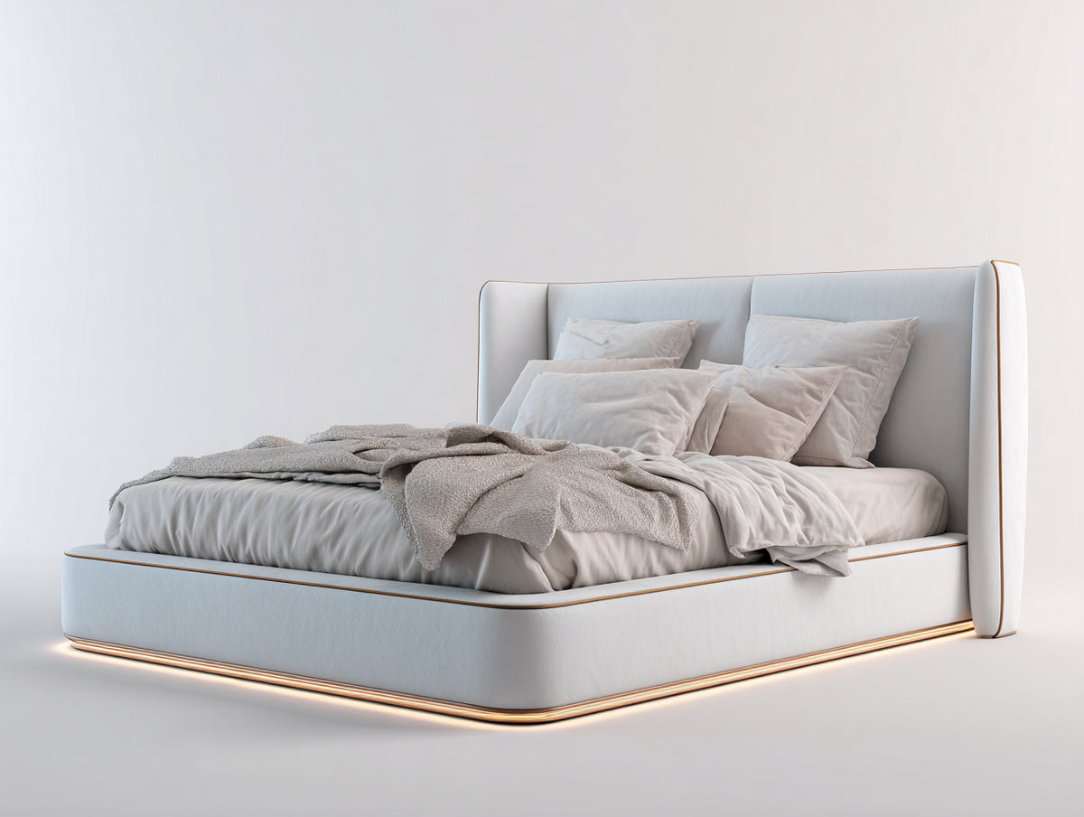 Doppelbett Polsterbett 220 x 190 x 120 cm - Weiß-Gold - Modernes Design