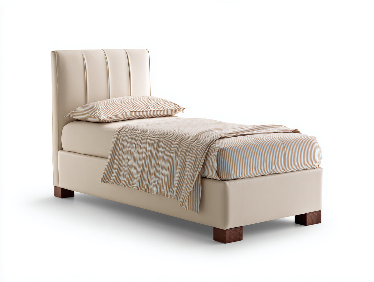 Einzelbett mit Kunstlederpolsterung 210 x 100 x 115 cm - Beige - Modernes Design mit hohem Kopfteil