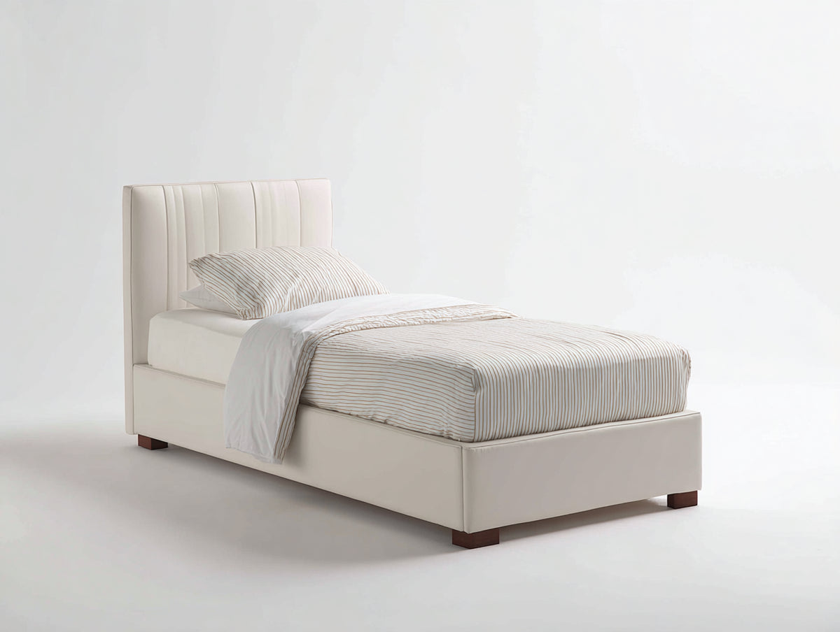 Einzelbett Polsterbett 200 x 100 x 90 cm Kunstleder in Beige mit gepolstertem Kopfteil Modernes Design
