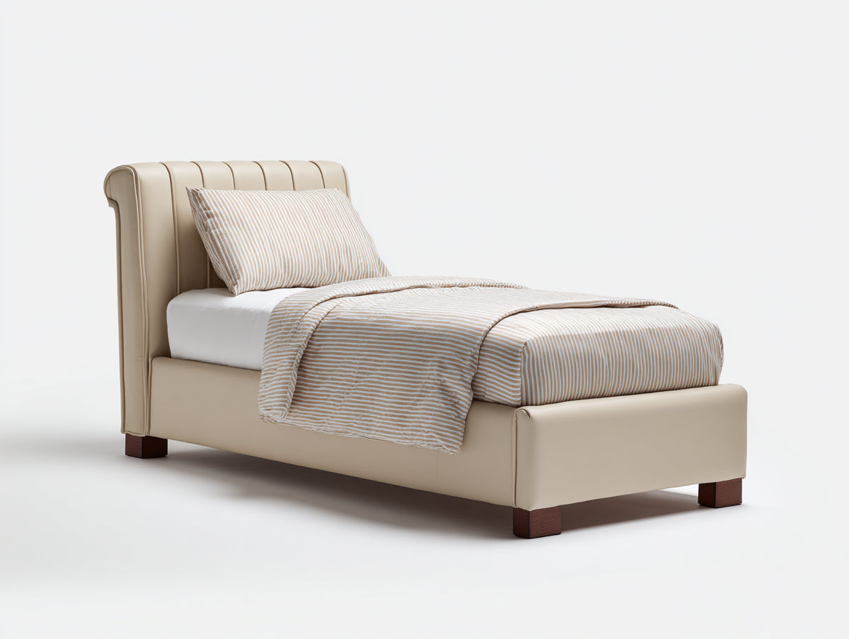 Einzelbett mit Kunstlederbezug 205 x 105 x 115 cm - Beige-Dunkelbraun - Gepolstertes Kopfteil im klassischen Design