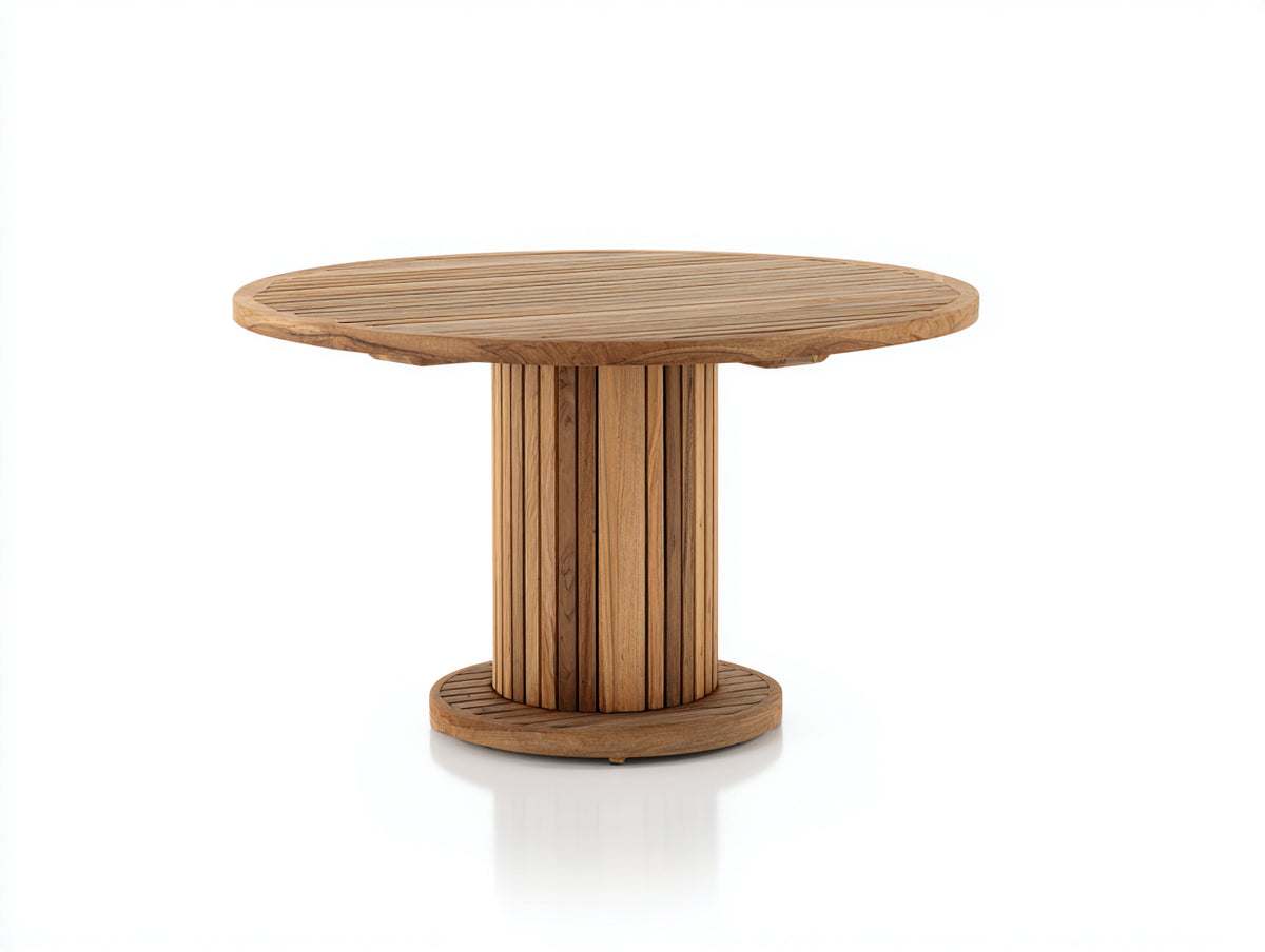 Gartentisch aus Holz 120 x 120 x 75 cm - Naturfarben - Rundes Design mit Säulenfuß und Lattenstruktur