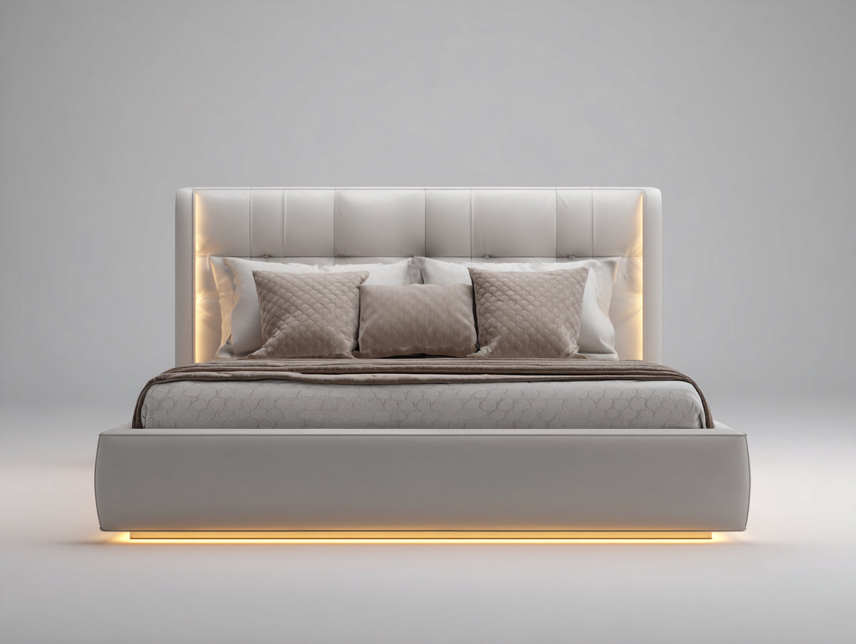 Doppelbett Polsterbett 220 x 200 x 100 cm Kunstleder in Beige mit LED Beleuchtung Modernes Design