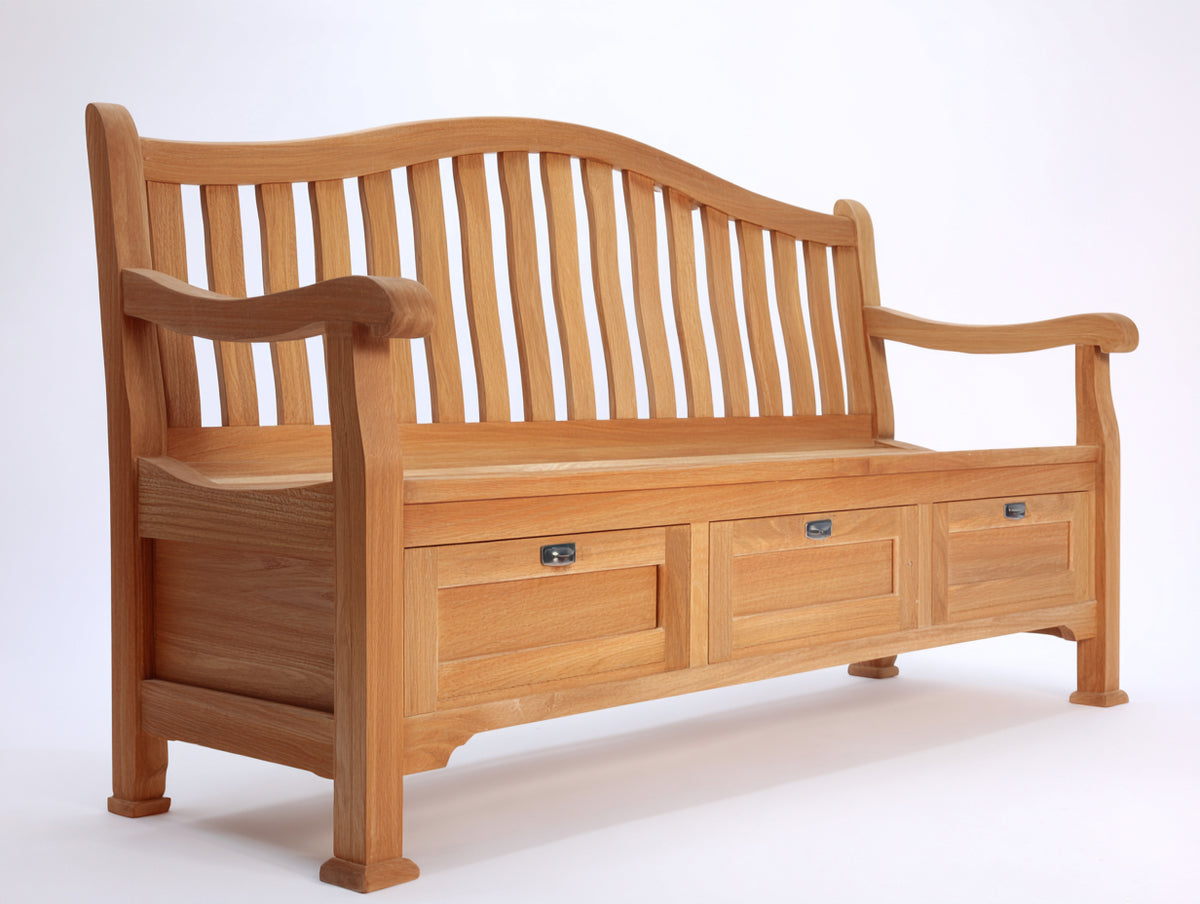 Gartenbank aus Massivholz 165 x 62 x 95 cm - Naturholz - 3 Schubladen und geschwungene Lattenrückenlehne