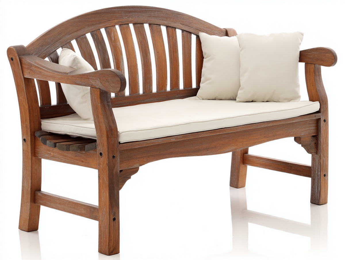 Gartenbank aus Holz 150x68x92 cm - Braun und Cremeweiß - Zweisitzer mit Sitzauflage und gebogener Rückenlehne