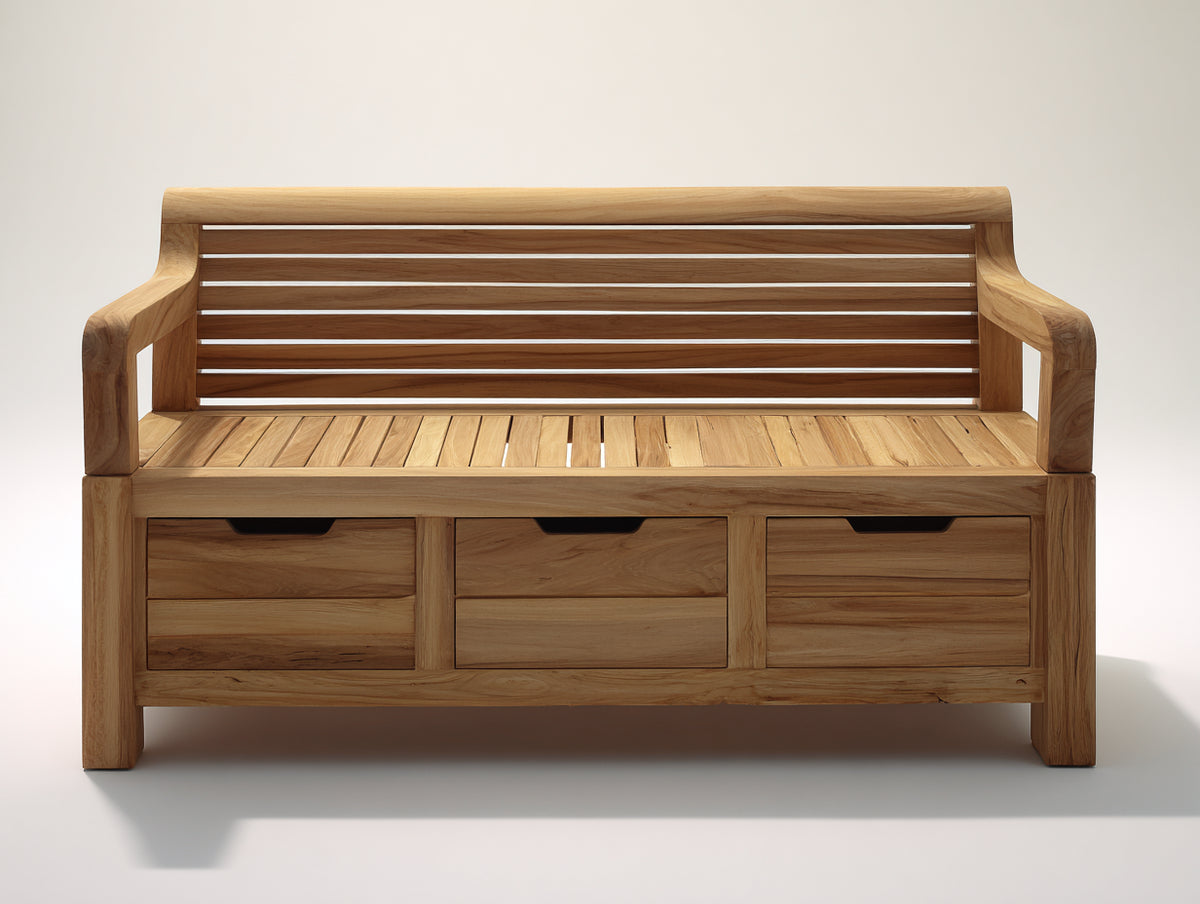Gartenbank aus Massivholz 150 x 60 x 90 cm - Naturholz - 3 Schubladen und Lattenrückenlehne