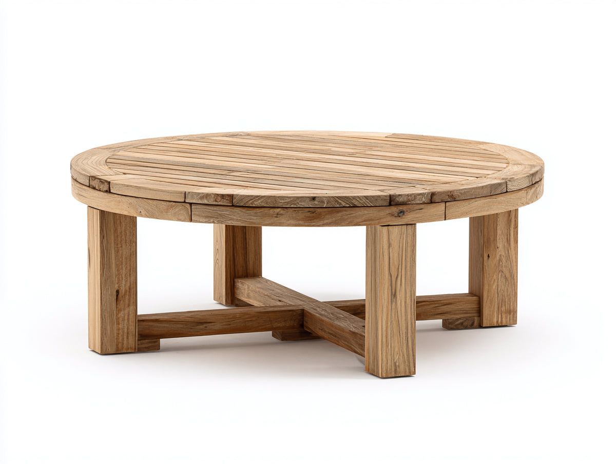 Gartentisch aus Holz 120x120x45 cm - Naturholz - Runder niedriger Tisch mit Lamellenplatte